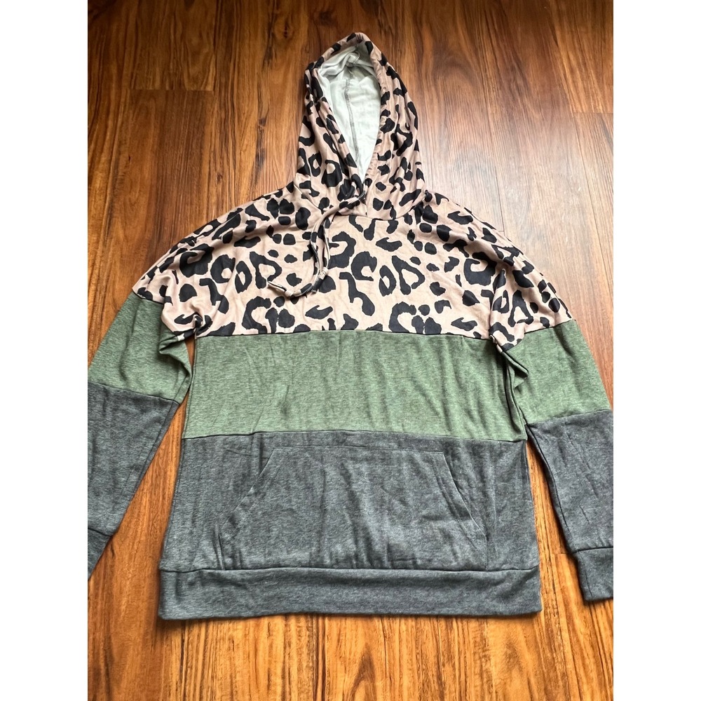 Leopard Colorblock Hoodie Women Small Army Green Animal Print Casual
